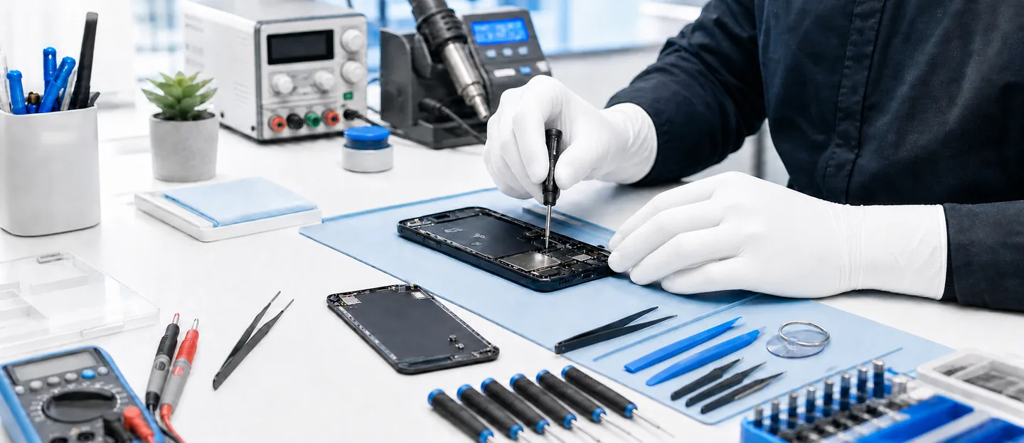 A technician wearing protective gloves while repairing a smartphone with professional tools