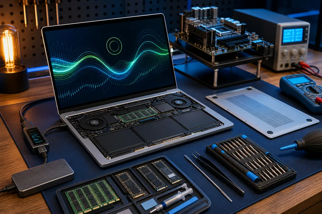 An open laptop and PC diagnostic equipment at a professional repair bench