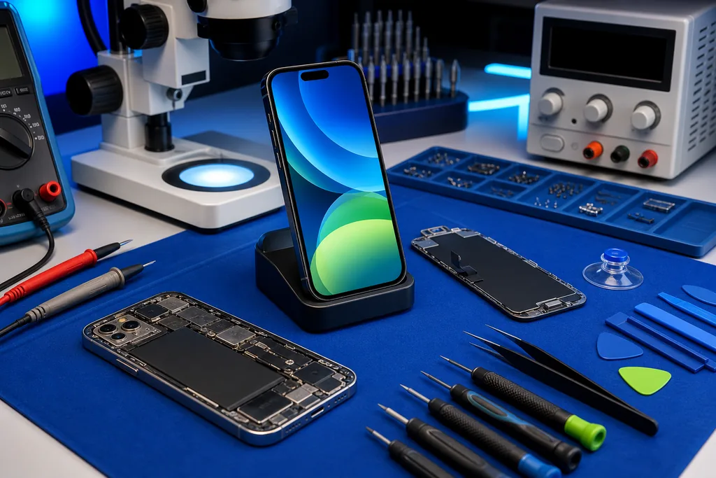 Smartphones, a replacement display, and professional diagnostic tools at a repair station