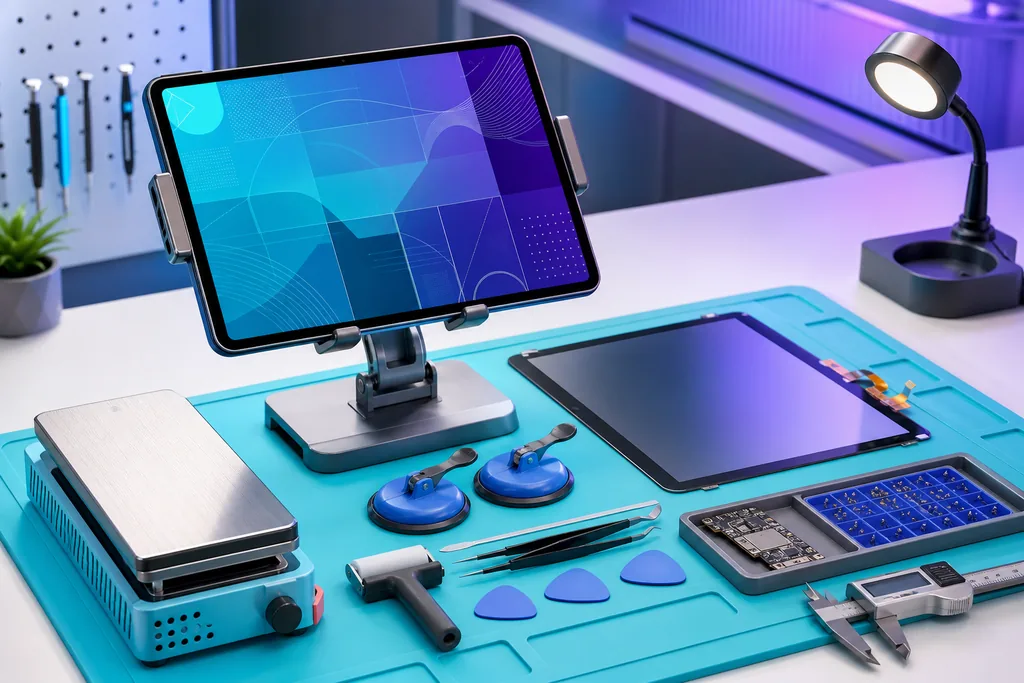 A tablet calibration station with a replacement touchscreen and professional repair tools